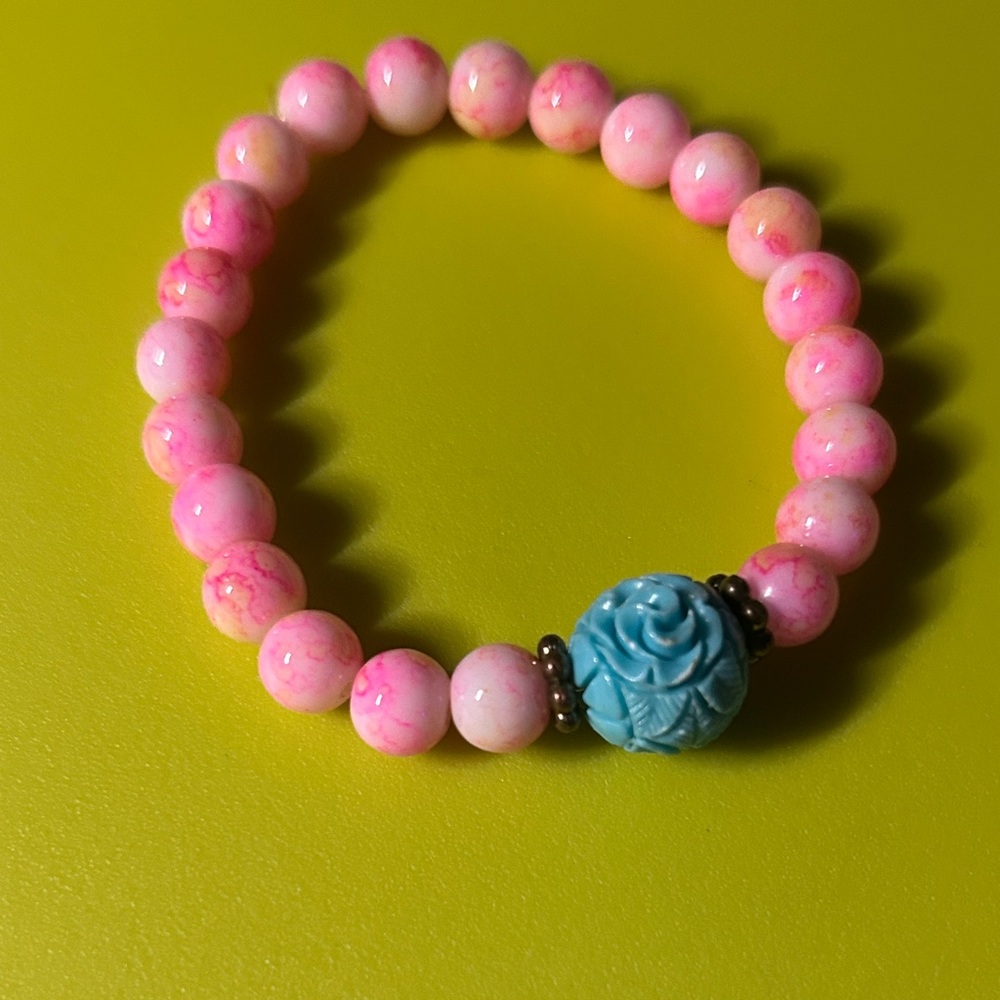 Handmade Pink Beaded Bracelet with Turquoise Rose Accent